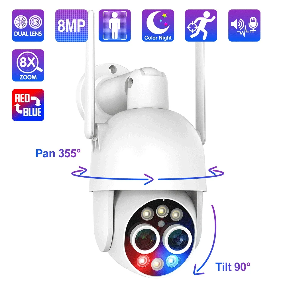 Techage-PTZ 4K 8MP 와이파이 카메라, 8X 줌 무선 IP 카메라, 듀얼 렌즈, 양방향 오디오 컬러, 야간 투시경, 인간 감지 ONVIF title=Techage-PTZ 4K 8MP 와이파이 카메라, 8X 줌 무선 IP 카메라, 듀얼 렌즈, 양방향 오디오 컬러, 야간 투시경, 인간 감지 ONVIF 