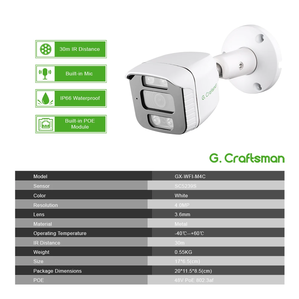 XMeye 야외 IP 카메라, POE 페이스 오디오, 방수 적외선, Onvif CCTV 캠, 비디오 감시 보안, 블랙 G.Craftsman, W 4MP