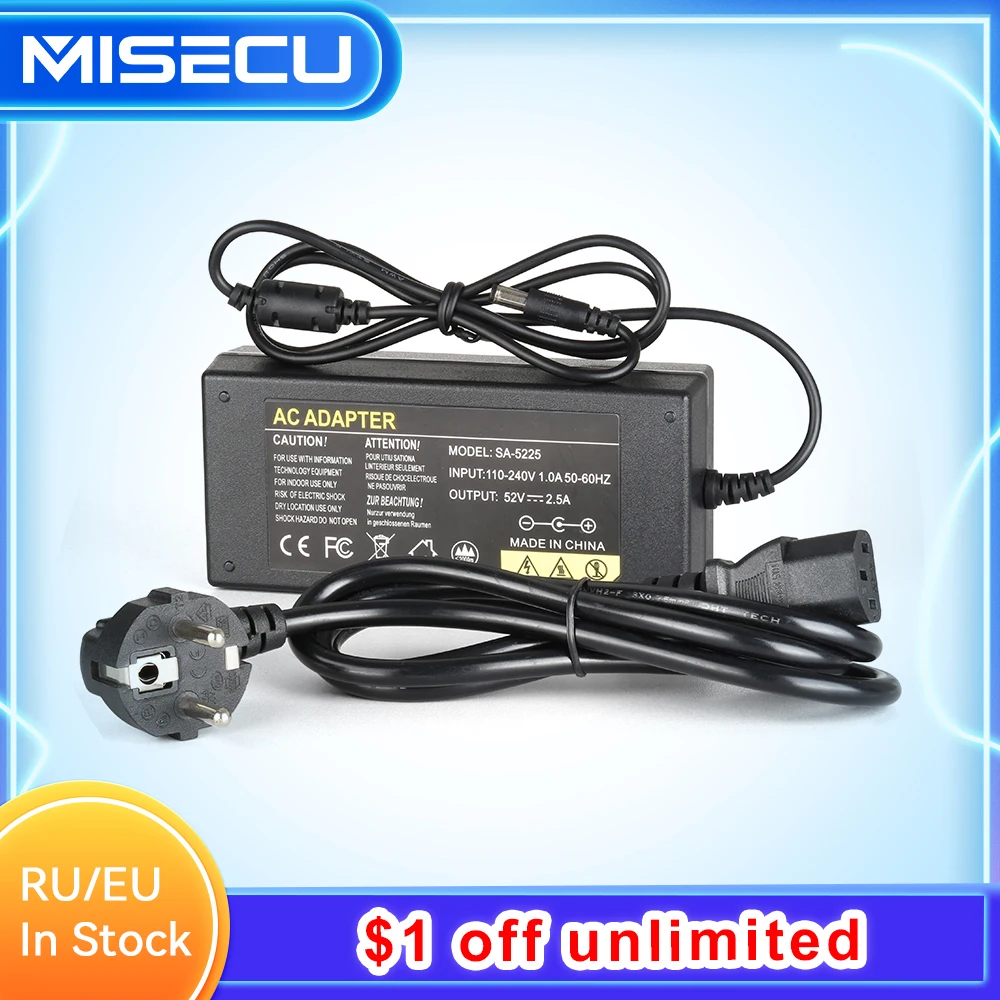 Misecu 52V 2.5A 전원 공급 장치 AC 100-240V 전원 어댑터 벽 충전기 DC 5.41mm EU/AU/UK/US 보안 CCTV POE NVR 용 플러그 title=Misecu 52V 2.5A 전원 공급 장치 AC 100-240V 전원 어댑터 벽 충전기 DC 5.41mm EU/AU/UK/US 보안 CCTV POE NVR 용 플러그 