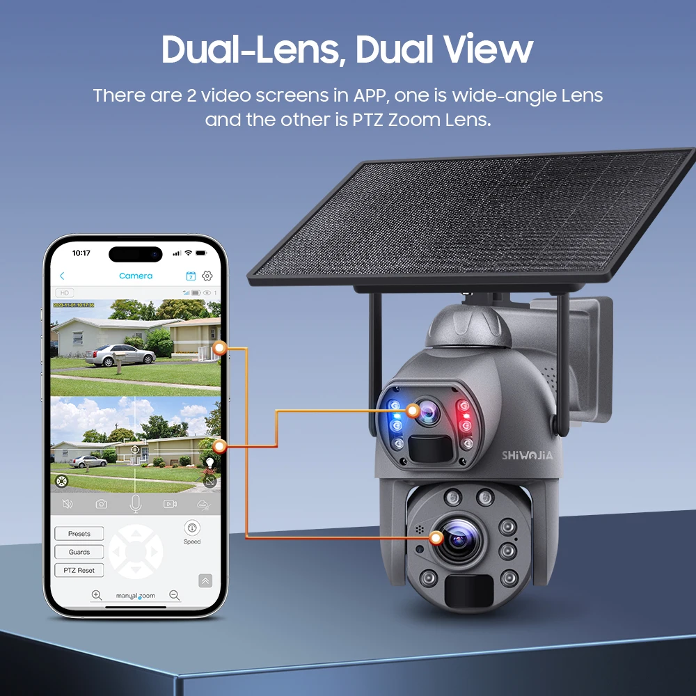 SHIWOJIA 태양 전지 패널 보안 카메라, 휴머노이드 추적, 듀얼 렌즈, 20X 줌, 4K, 8MP, 4G SIM/WIFI, 10W, 20000mAh 배터리