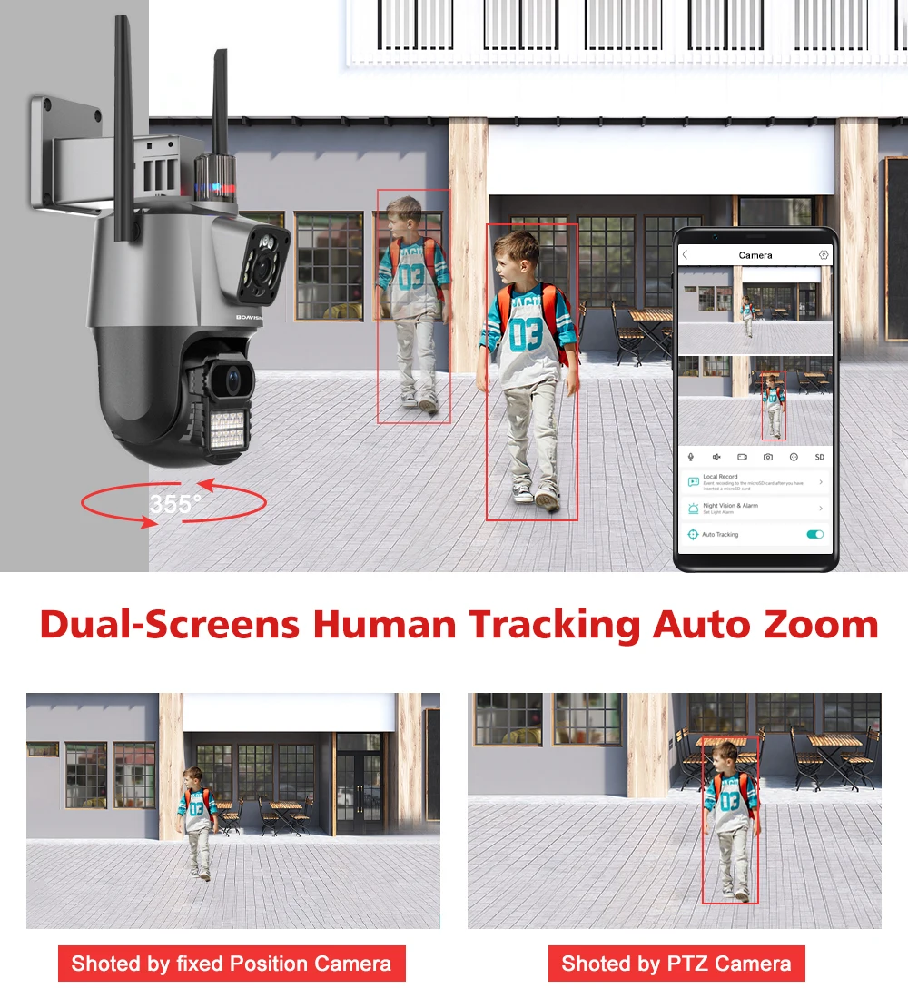 야외 듀얼 렌즈 듀얼 스크린 와이파이 카메라, AI 자동 추적, 8X 디지털 줌, Onvif PTZ 및 고정 포인트 연결 카메라, 9MP, 4MP