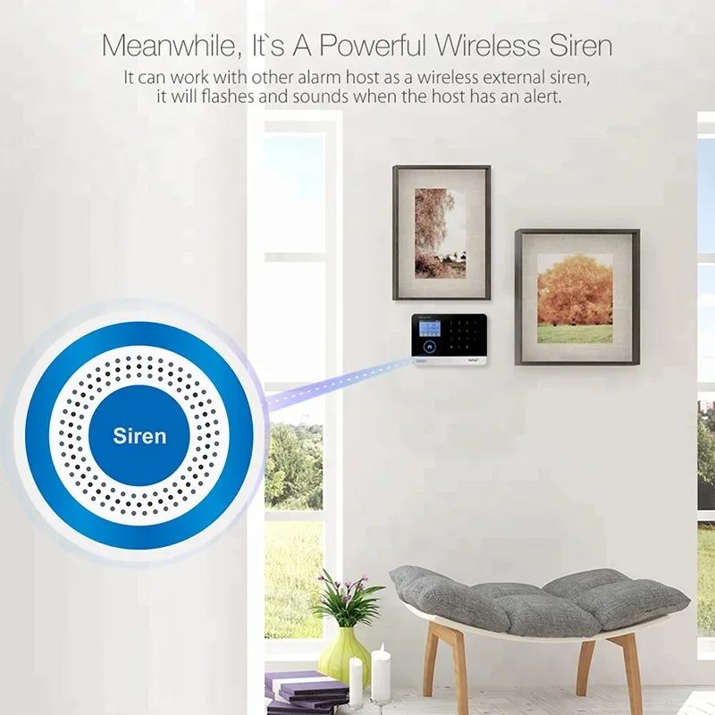 무선 사운드 및 라이트 스트로브 사이렌 실내 독립형 경보 사이렌, PIR 센서 도어 센서 포함, 홈 보안 경보 시스템, 433MHz