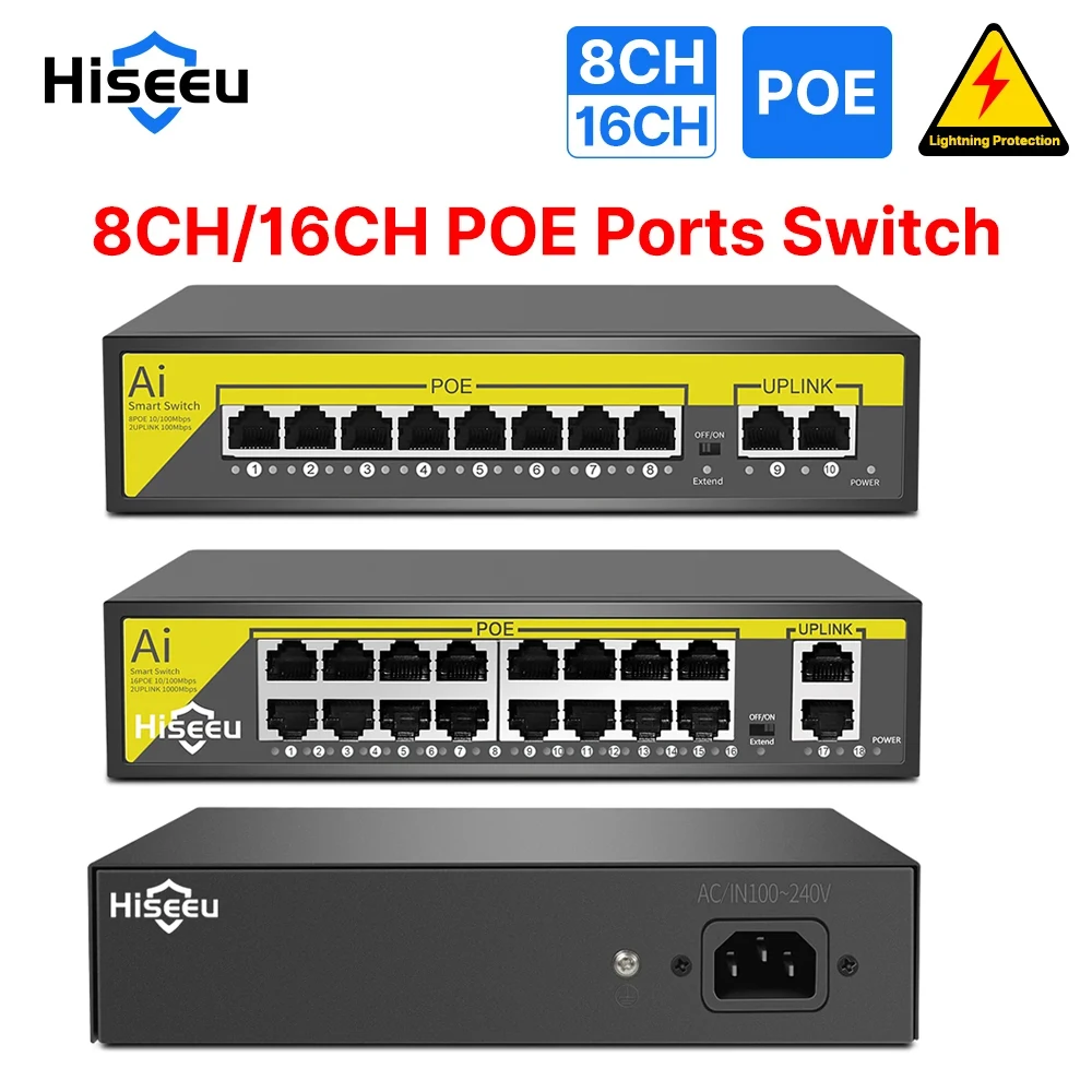 Hiseeu 8/16 포트 POE 스위치, IP 카메라, CCTV 보안 카메라 시스템, 무선 AP ft IEEE 802.3 af/at, 48V 이더넷, 10 Mbps, 100Mbps title=Hiseeu 8/16 포트 POE 스위치, IP 카메라, CCTV 보안 카메라 시스템, 무선 AP ft IEEE 802.3 af/at, 48V 이더넷, 10 Mbps, 100Mbps 