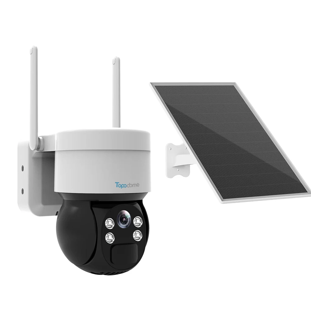 Topodome 음성 인터콤 저전력 태양 전지 패널 배터리, PIR 감지 투광 조명, 야외 PTZ IP 카메라, 3MP WiFi 4G SIM TF 카드