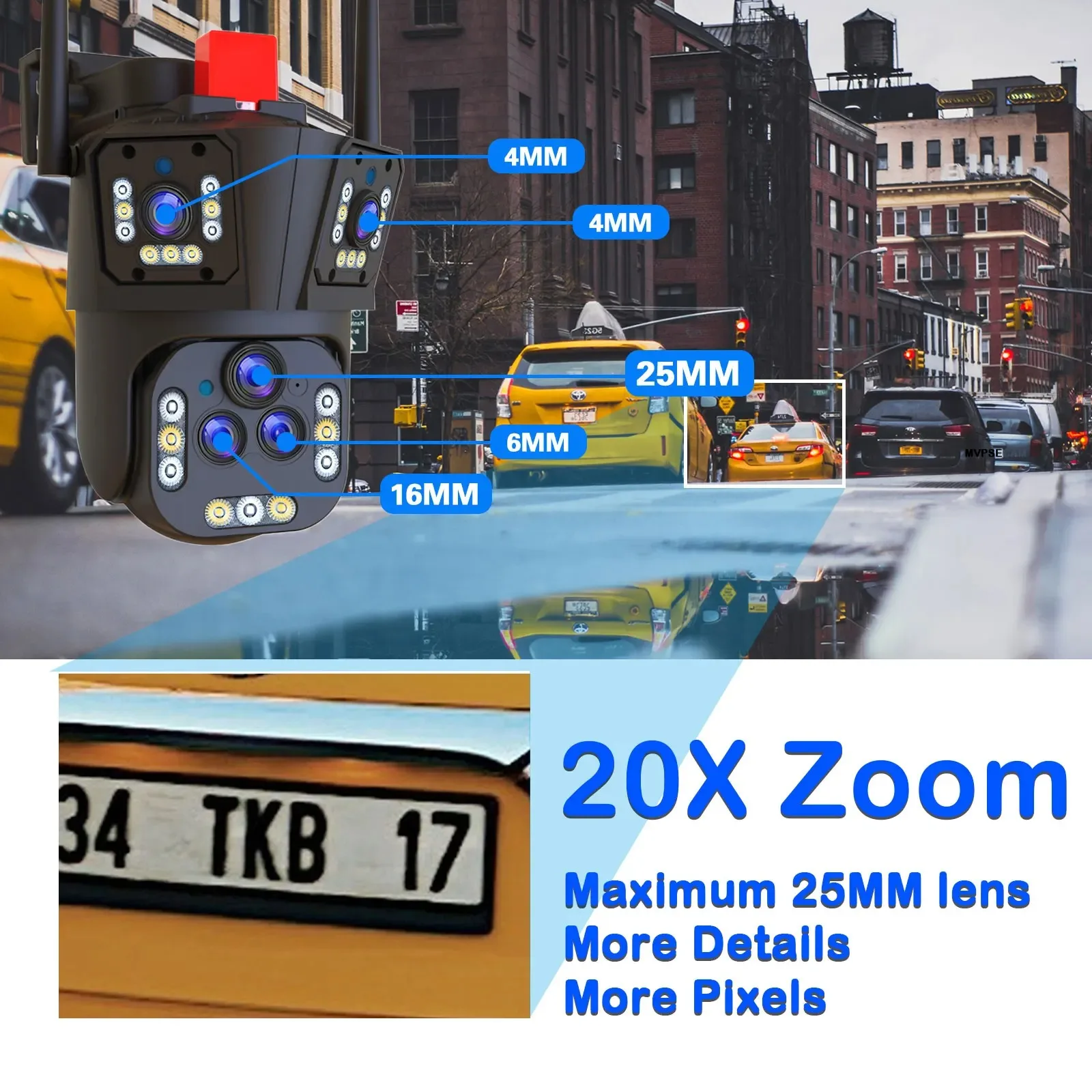 멀티 렌즈 감시 PTZ 카메라, 스마트 홈 자동 추적, 360 ° 무선 야외 CCTV 카메라, 20MP 10K 와이파이 IP, 20X 줌