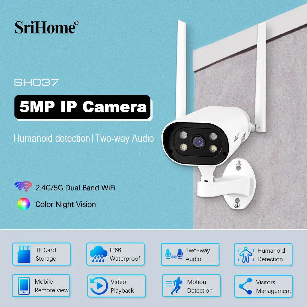 SriHome 사람 감지 오디오 P2P 보안 비디오 감시 카메라, 야외 카메라, SH037 5MP PTZ IP 카메라, 5G WiFi