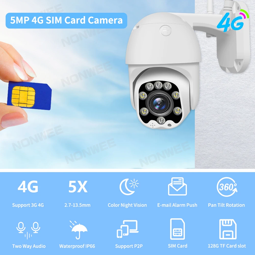 5MP IP 카메라 3G 4G SIM GSM 비디오 감시 속도 돔 야외 보안 보호 CCTV PTZ 1080P 양방향 오디오 ONVIF CamHi