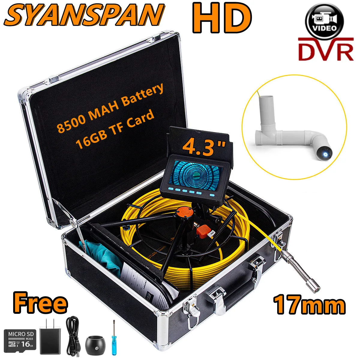 SYANSPAN 하수구 배수관 산업용 내시경, DVR 파이프 검사 카메라, 알루미늄 케이스, 8500MHA 배터리, 20 m, 30 m, 50m, 16GB FT 카드 title=SYANSPAN 하수구 배수관 산업용 내시경, DVR 파이프 검사 카메라, 알루미늄 케이스, 8500MHA 배터리, 20 m, 30 m, 50m, 16GB FT 카드 