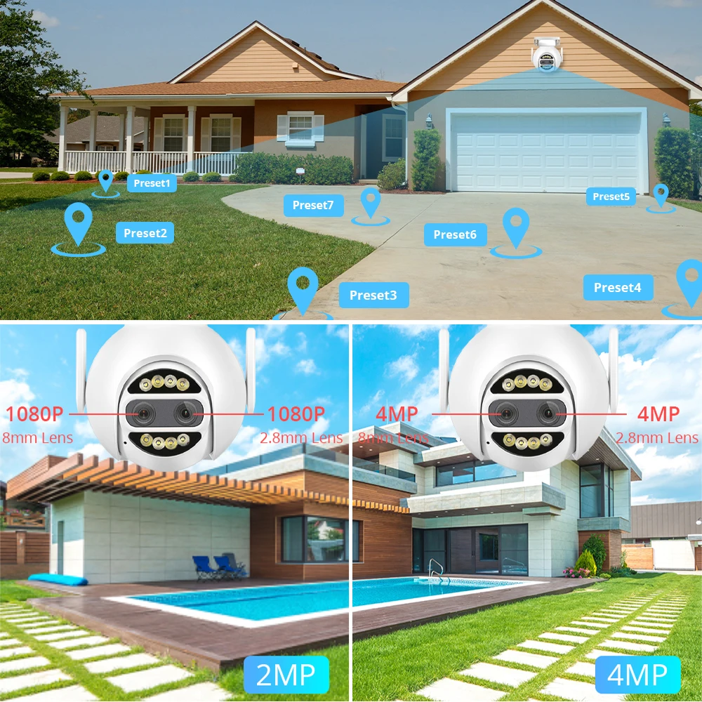 듀얼 렌즈 4MP 2MP WiFi IP 카메라 PTZ 2.8mm 8mm 8x 디지털 줌 감시 보안 CCTV 비디오 AI 인간 추적 CamHipro Cam