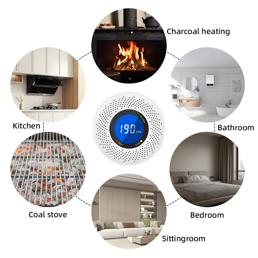 배터리 구동 일산화탄소 감지기, 디지털 디스플레이 알람 센서, 쉬운 설치, 가정 창고용