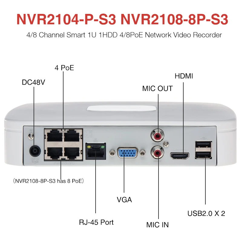 Dahua NVR2104-P-S3 4PoE NVR2108-8P-S3 4/8CH 8PoE 스마트 1U 1HDD 네트워크 비디오 레코더 IP 카메라 보안 모니터 스마트 Ai Onvif