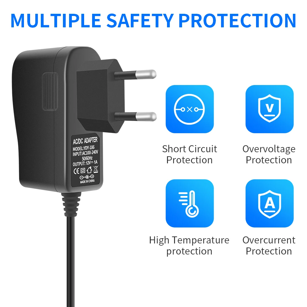 보안 카메라용 전원 공급 어댑터, EU AC 100-240V to DC 12V 1A 스위치, 5.5x2.1mm 플러그, 10 피트 전원 코드