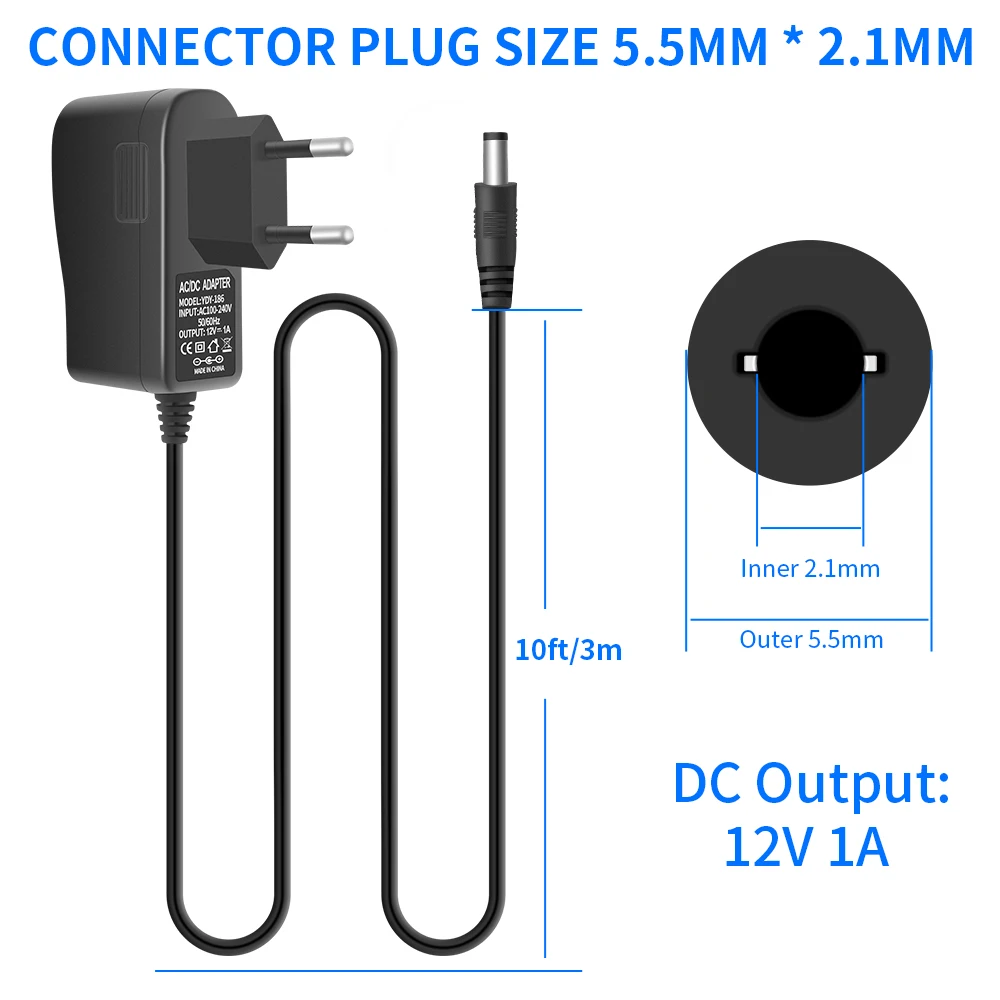 보안 카메라용 전원 공급 어댑터, EU AC 100-240V to DC 12V 1A 스위치, 5.5x2.1mm 플러그, 10 피트 전원 코드
