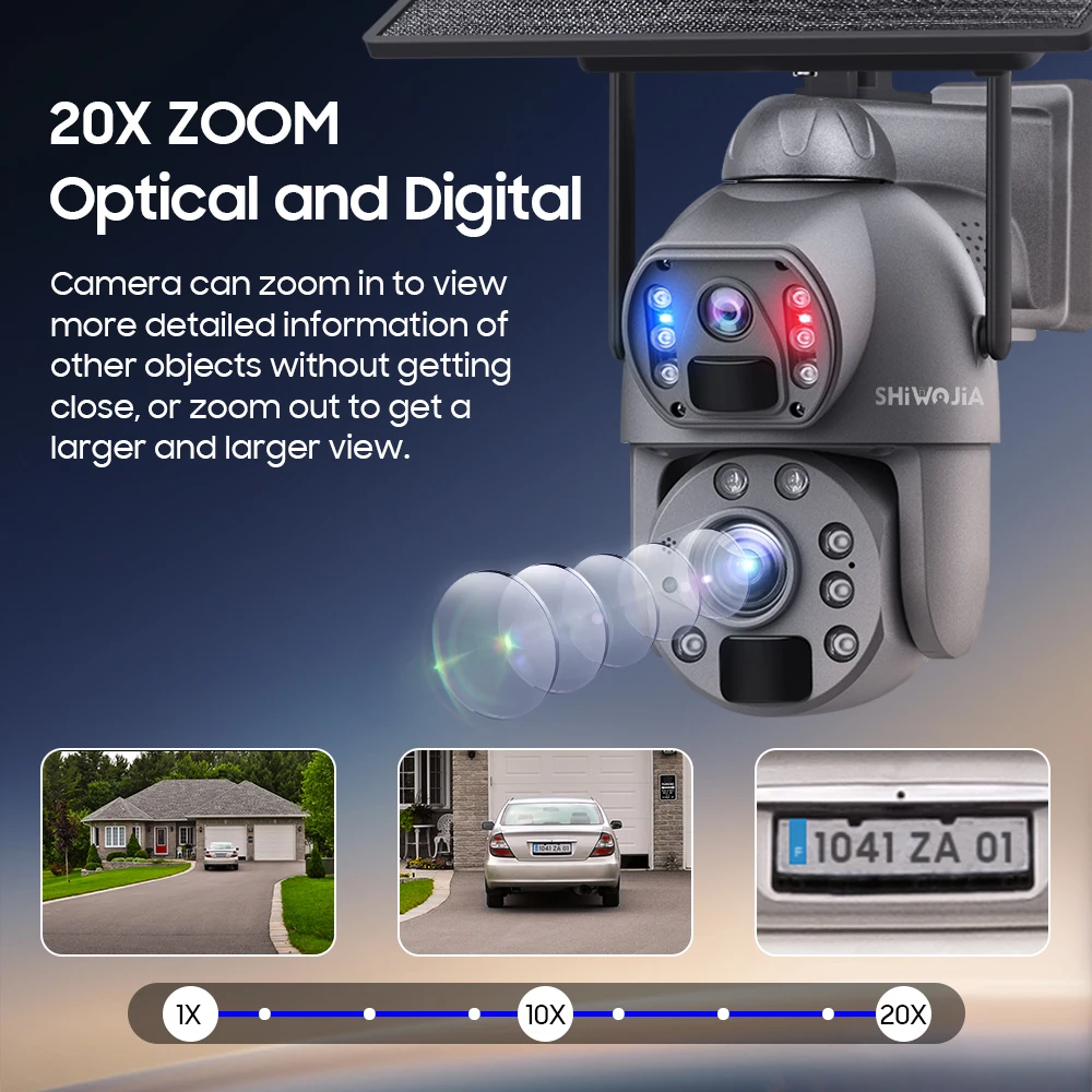 SHIWOJIA 태양 전지 패널 보안 카메라, 휴머노이드 추적, 듀얼 렌즈, 20X 줌, 4K, 8MP, 4G SIM/WIFI, 10W, 20000mAh 배터리
