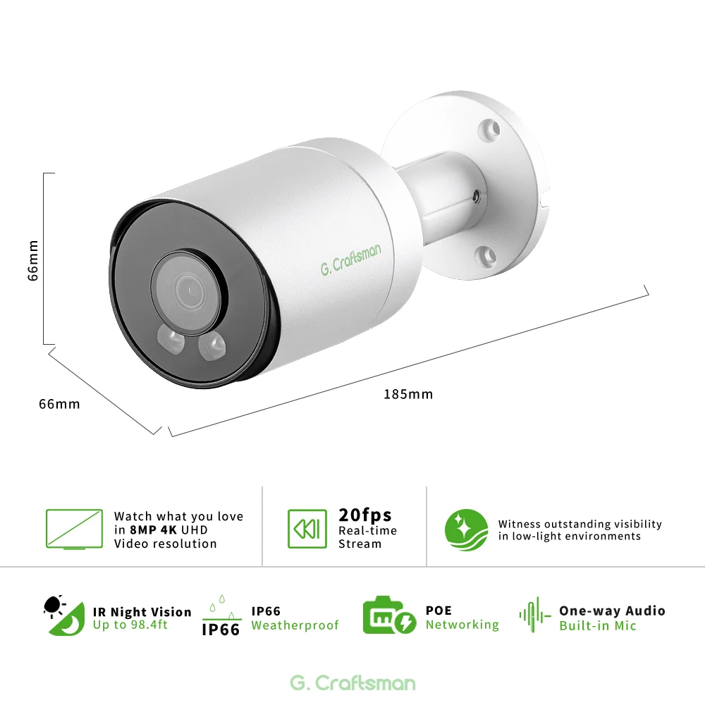 4K IP 카메라 POE 20fps 소니 센서 보안 CCTV 캠, H.265 야외 오디오 비디오 감시 Onvif B2M8S G.Craftsman