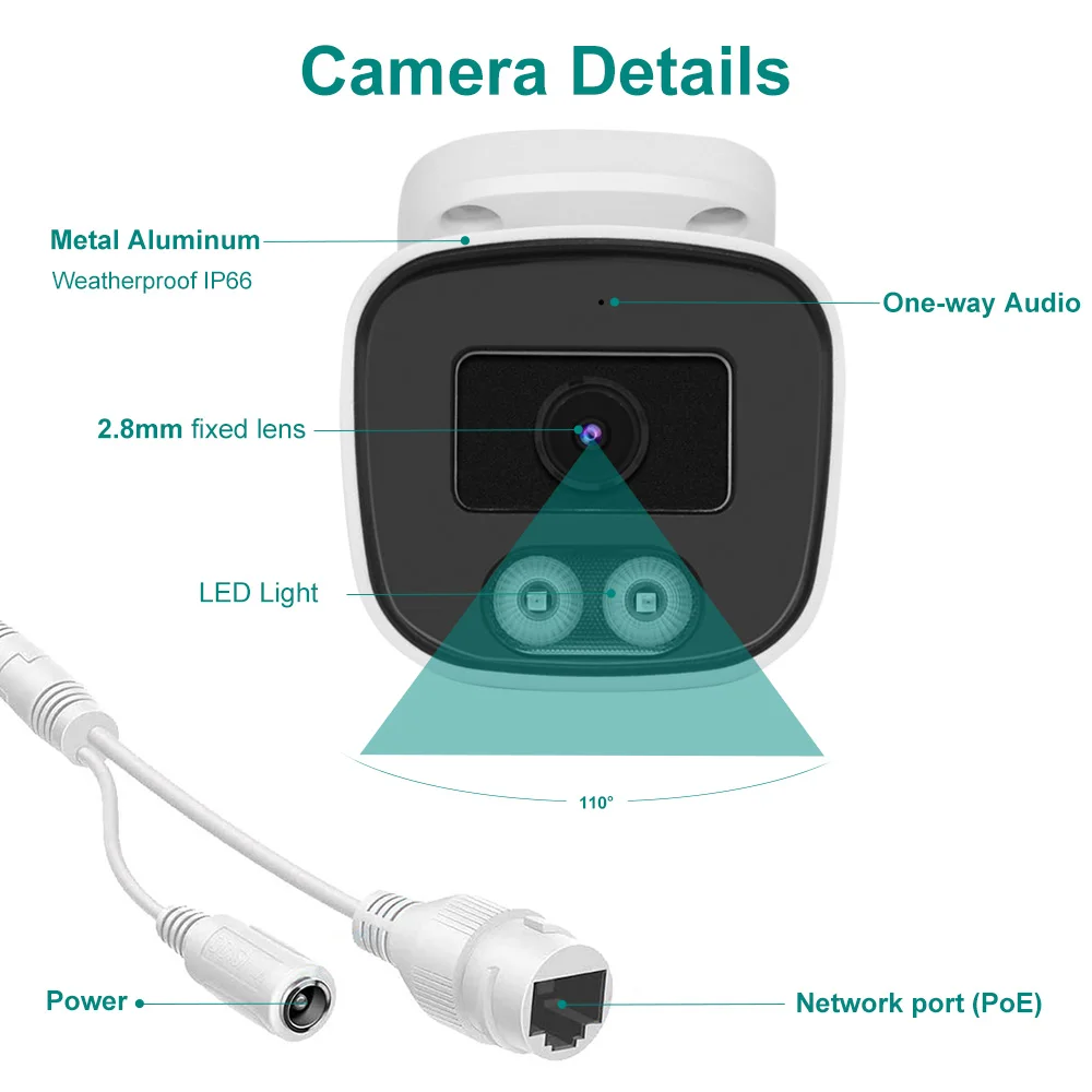 Anpviz PoE IP 네트워크 미니 불릿 카메라, 야외 보안 보호 카메라, 내장 마이크 오디오 IR 30m IP66, 4MP