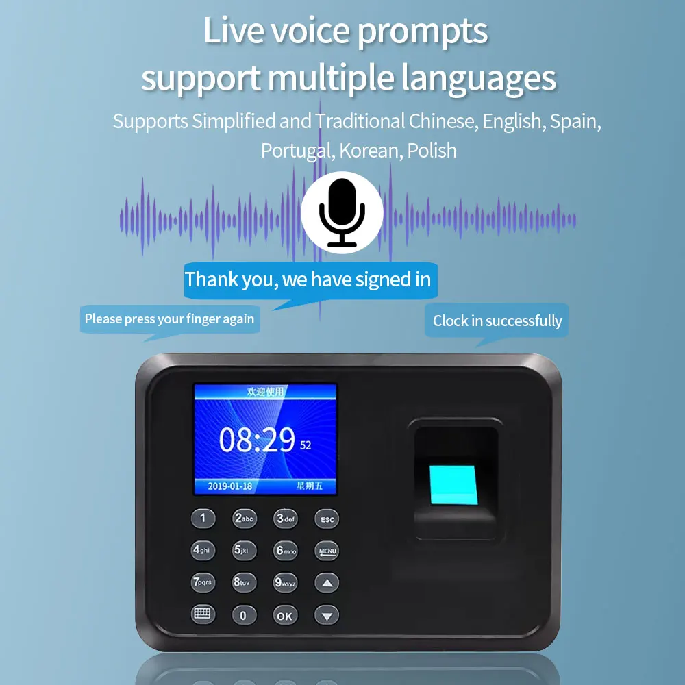 생체 인식 시간 출석 시스템, USB 레코더, 지문 판독기 시계, 직원 제어 기계, 전자 장치, 2.4 인치 A5