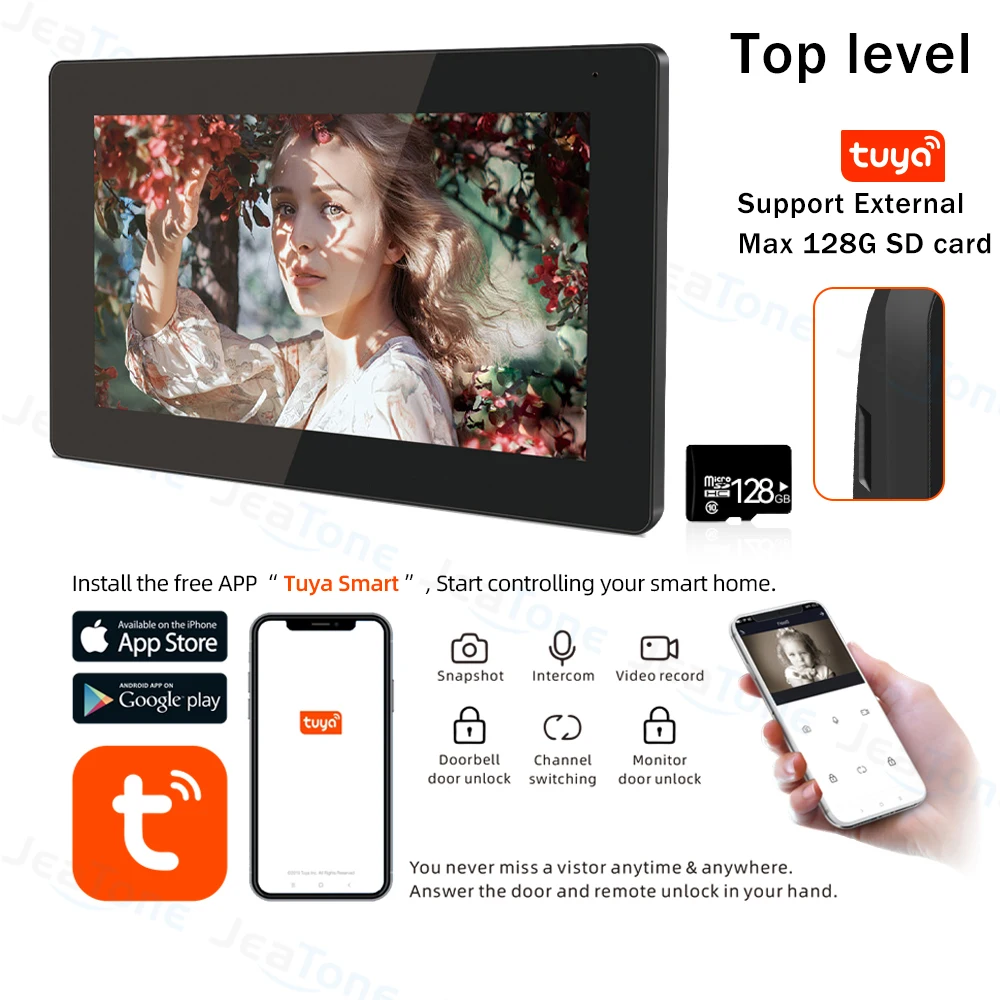 Jeatone 와이파이 1080P LCD 터치 스크린 홈 비디오 인터콤 비디오 초인종 카메라, 아파트 투야 스마트, 손상 방지, 7 인치