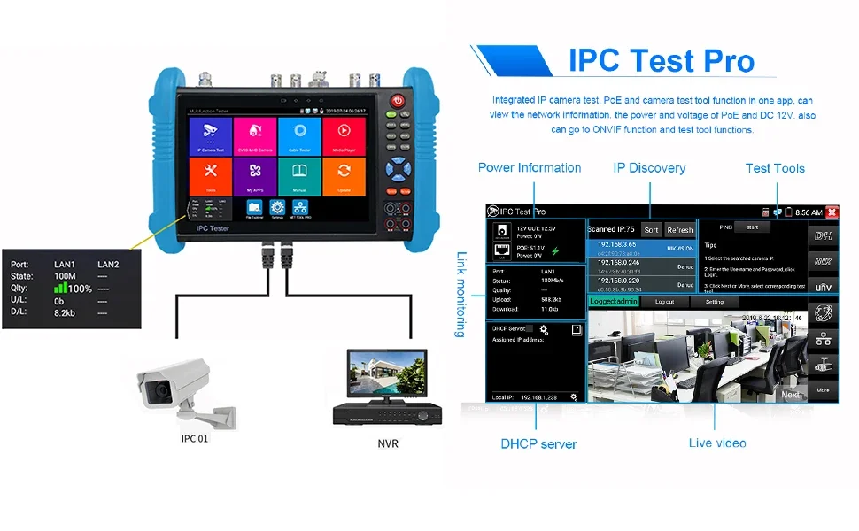 IPC-9800 MOVTADHS AHD TVI CVI 테스터 플러스, IPS 터치 스크린 모니터 CCTV 테스터, HD-TVI HD-CVI AHD SDI IP, 8MP, 7 인치 테스터