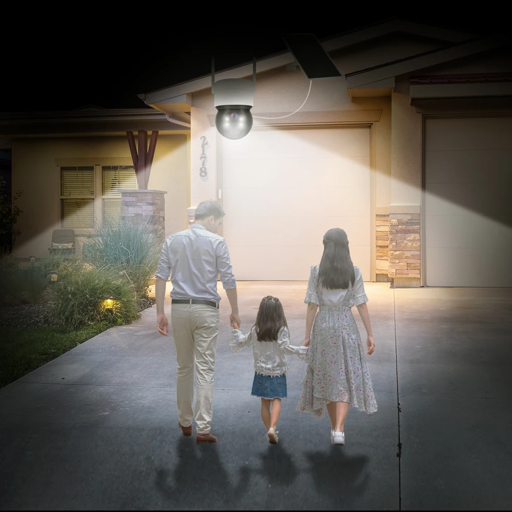 Topodome 음성 인터콤 저전력 태양 전지 패널 배터리, PIR 감지 투광 조명, 야외 PTZ IP 카메라, 3MP WiFi 4G SIM TF 카드