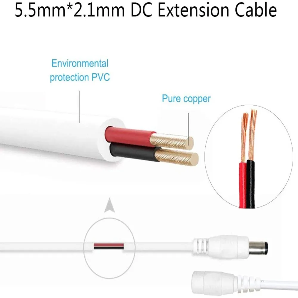 CCTV 카메라용 전원 어댑터 연장 케이블, 암수 전원 코드, 연장 와이어, DC12V, 5.5x2.1mm