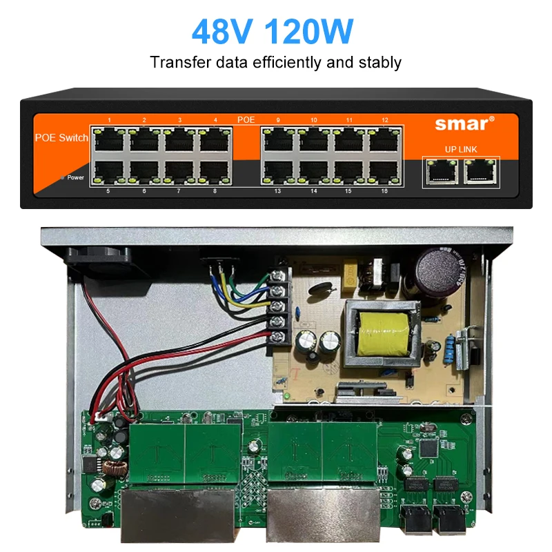 Smar 8/16 포트 POE 스위치 이더넷, IP 카메라, CCTV 보안 카메라 시스템, 무선 AP ft, IEEE 802.3 af/at, 10 Mbps, 100Mbps, 48V