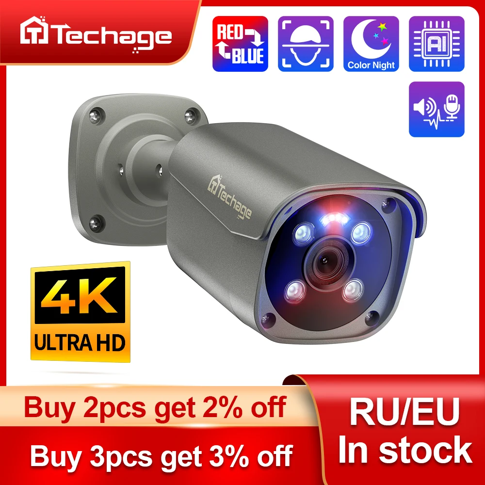 Techage 야외 IP 카메라 얼굴 감지 감시 시스템용, 풀 컬러 야간 양방향 오디오, 8MP 울트라 HD 4K POE AI 카메라, H.265 title=Techage 야외 IP 카메라 얼굴 감지 감시 시스템용, 풀 컬러 야간 양방향 오디오, 8MP 울트라 HD 4K POE AI 카메라, H.265 