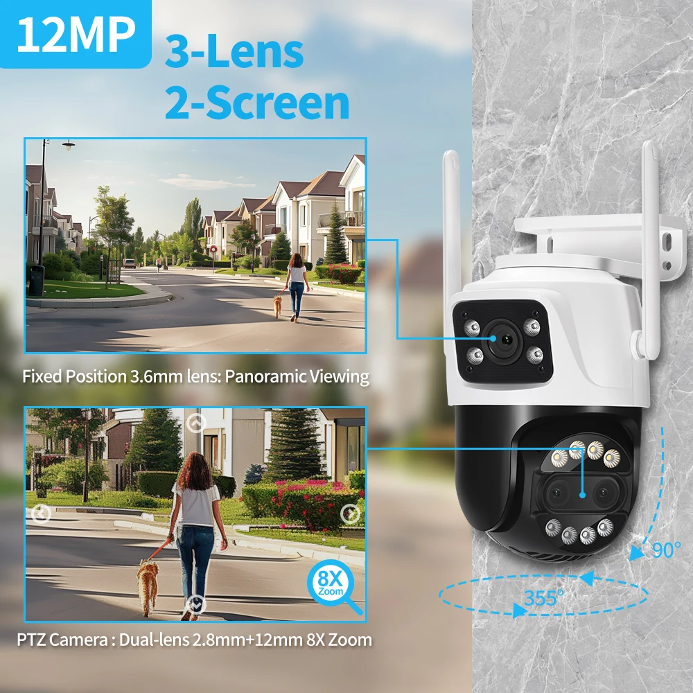 12MP 카메라 CCTV IP 야외 AI 인간 추적 오디오 홈 보안 감시 카메라, 듀얼 렌즈, 4K PTZ 와이파이 8 배 줌,2.8mm -12mm