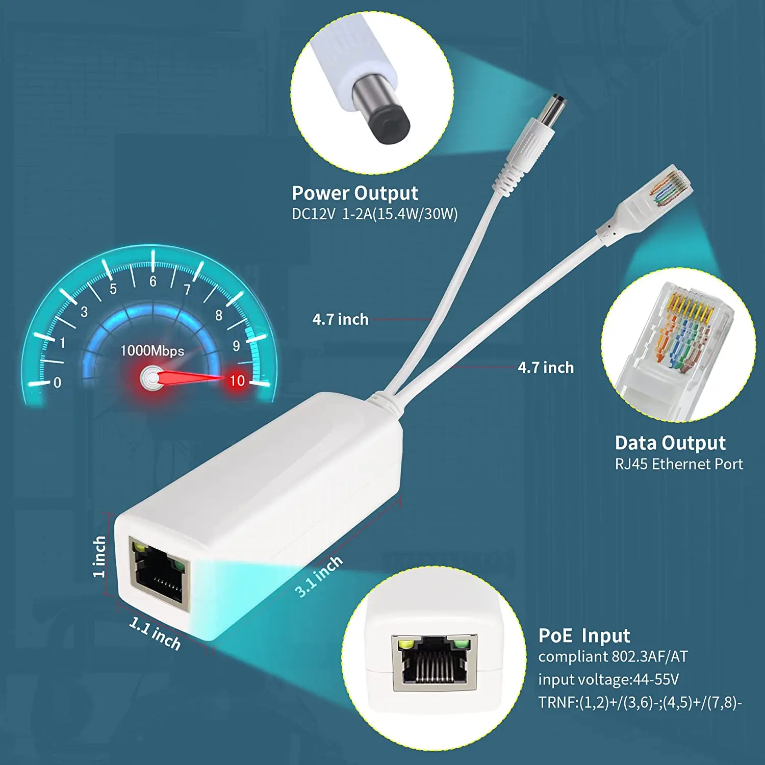 기가비트 PoE 스플리터 어댑터, 12V 2A 출력, 1000Mbps, IEEE 802.3AF/at, IP 카메라, AP 와이파이, IP 전화기에 적합