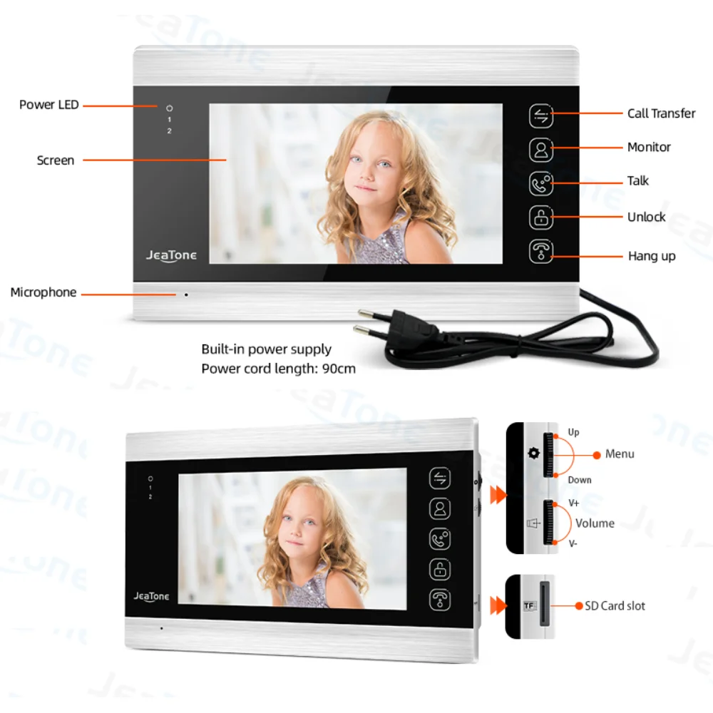 JeaTone 7 인치 실내 모니터 단일 비디오 도어 전화 초인종 인터콤 시스템 비디오 녹화 사진 촬영 실버 벽 장착