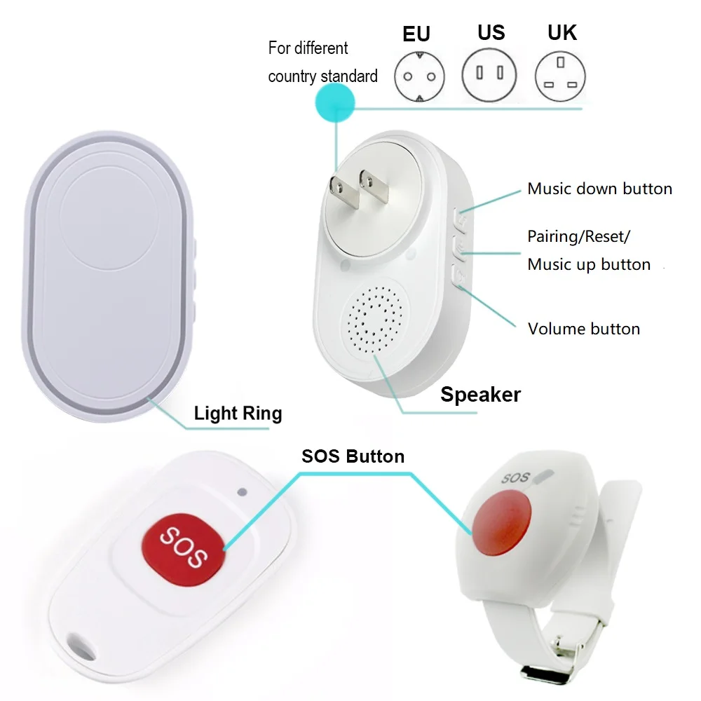 Topvico 패닉 버튼 노인 경보 시스템, 간병인 호출기 SOS 팔찌, 긴급 433mhz 무선 시계 통화
