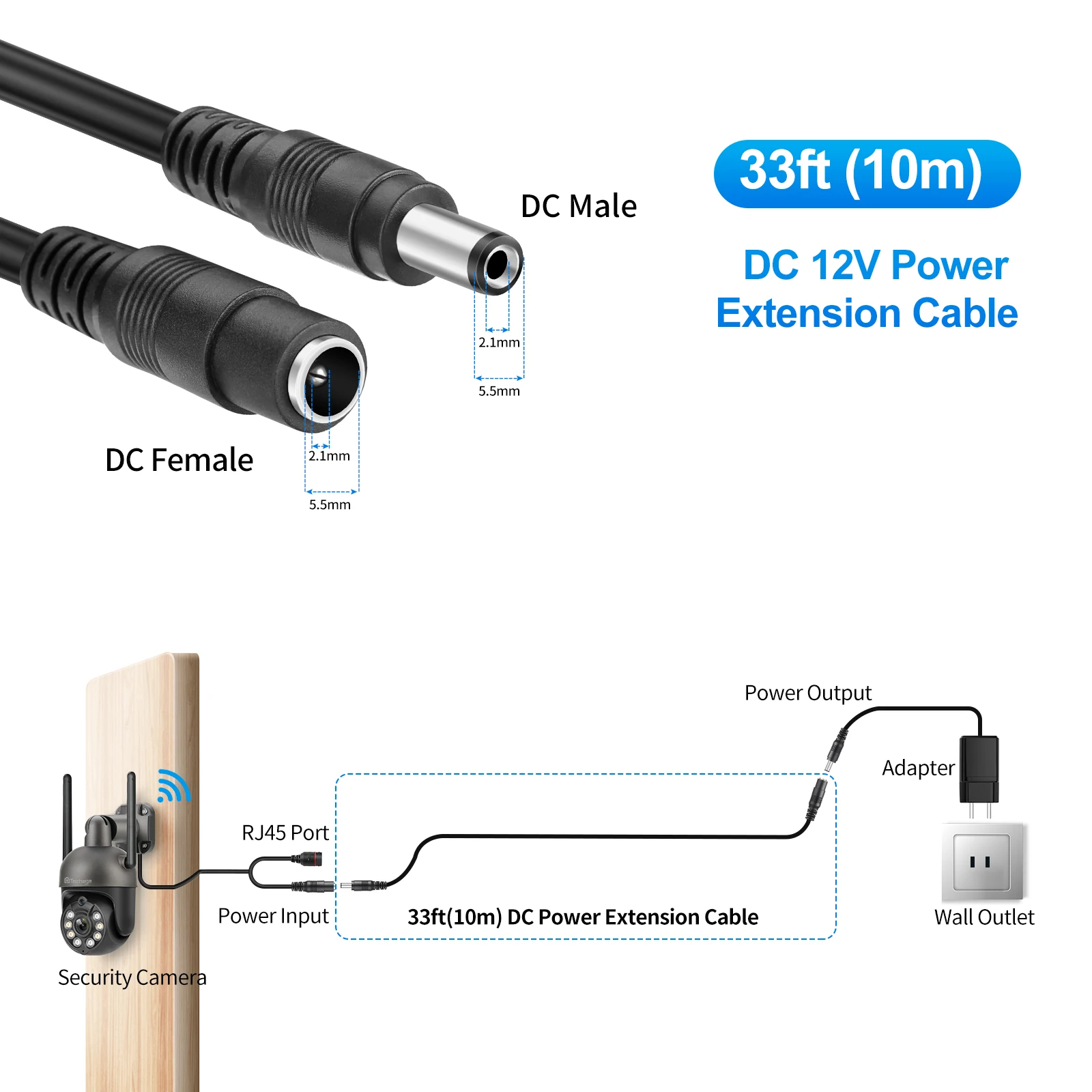 TinoSec-10m 카메라 전원 케이블, DC12V 수-암 카메라 전원 어댑터 연장 케이블, 감시 WiFi IP 카메라 라우터용