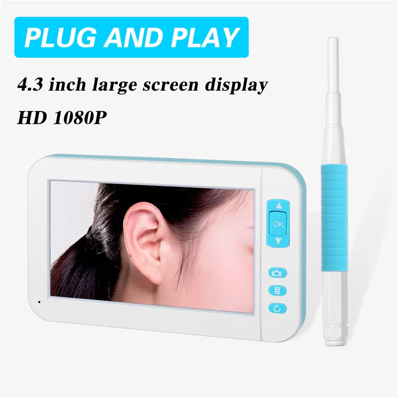 HD 1080P 3.9mm 렌즈 와이파이 USB 귀 검이경 카메라, 4.3 인치 화면 디스플레이, 플러그 앤 플레이, 6 LED 디지털 내시경 귀 클리너