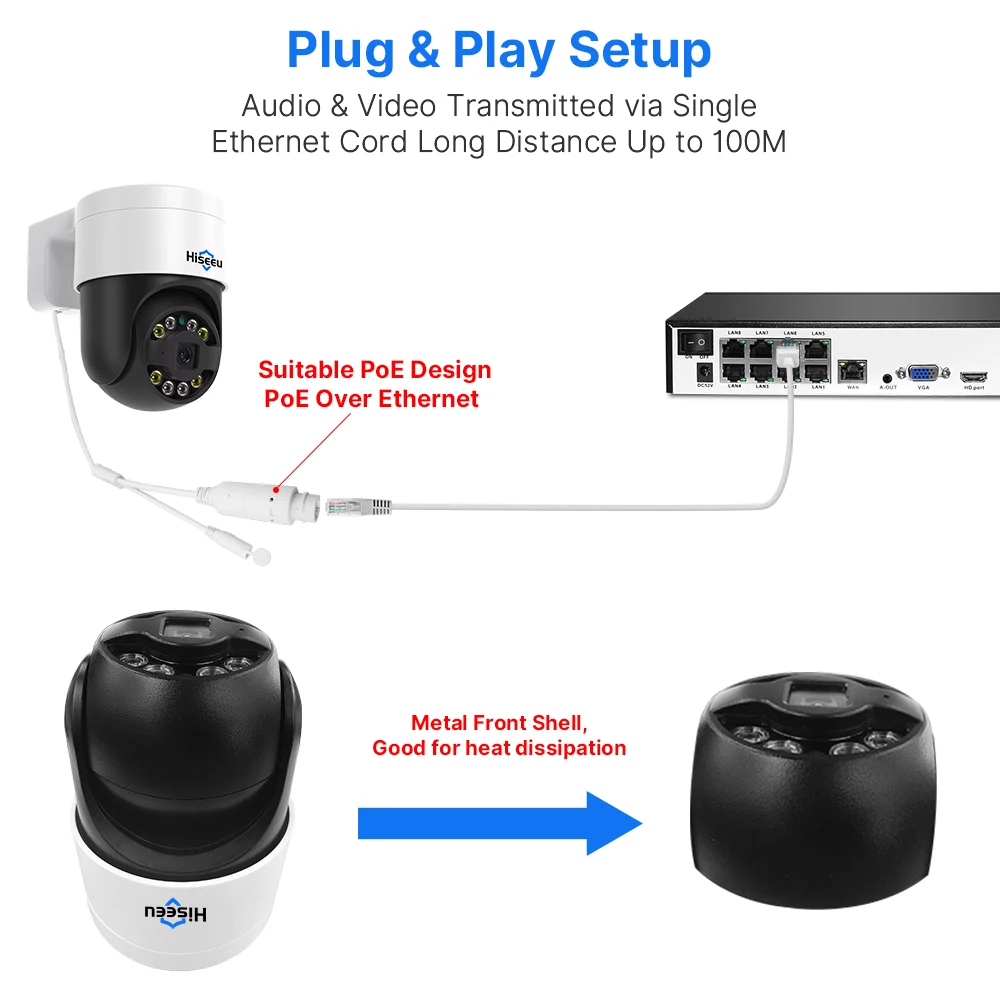 Hiseeu POE NVR CCTV 시스템 세트용 IP 비디오 감시 카메라, 야외 거리 PTZ 디지털 모션 컬러 야간 오디오, 4K, 2K, 8MP, 4MP