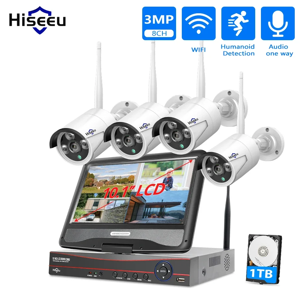 Hiseeu-3MP 8CH 무선 카메라 CCTV 키트, 10.1 