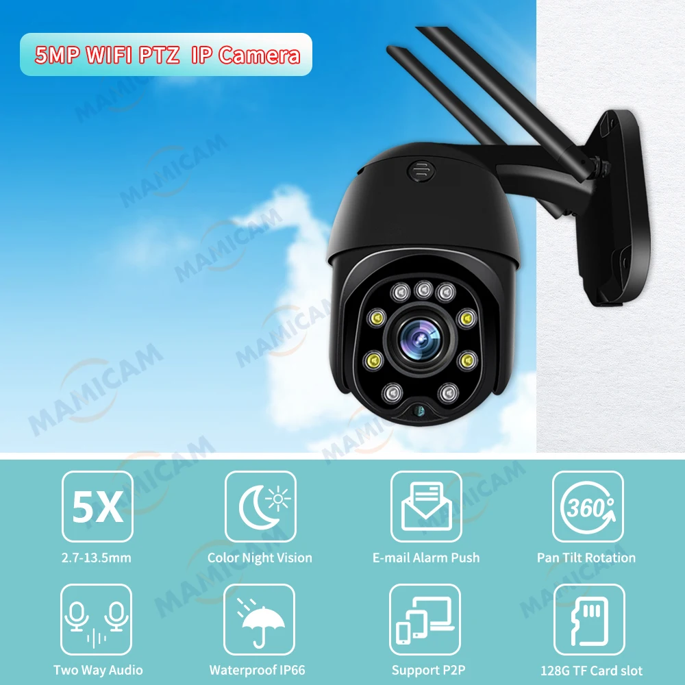 야외 무선 보안 CCTV 감시 캠, 5MP PTZ 스피드 돔 와이파이 IP 카메라, 1080P HD, 5X 줌, 8 개 LED IR 30m, Onvif Camhi