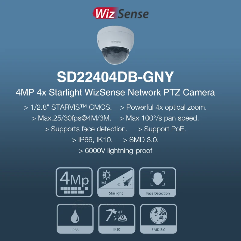 Dahua Wizsense 야외 360 ° 스타라이트 보안 보호 SMD SD22404DB-GNY, 광학 줌, 4MP PTZ IP 카메라, SD22404T-GN 교체