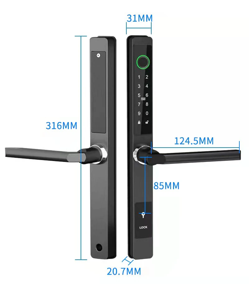 유럽 장붓 구멍 TTLock 방수 지문 RFID 카드 코드 키리스 스마트 전자 도어락, 유리 슬라이딩 알루미늄 도어용