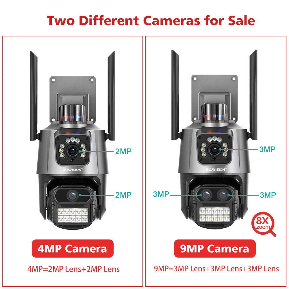 야외 듀얼 렌즈 듀얼 스크린 와이파이 카메라, AI 자동 추적, 8X 디지털 줌, Onvif PTZ 및 고정 포인트 연결 카메라, 9MP, 4MP