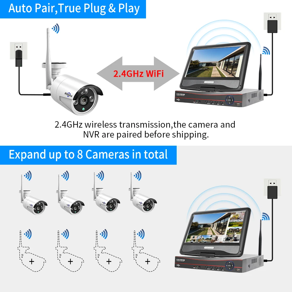 Hiseeu-3MP 8CH 무선 카메라 CCTV 키트, 10.1 