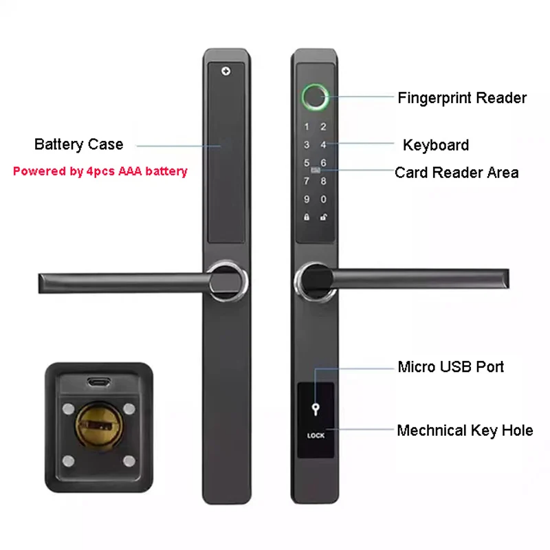 유럽 장붓 구멍 TTLock 방수 지문 RFID 카드 코드 키리스 스마트 전자 도어락, 유리 슬라이딩 알루미늄 도어용