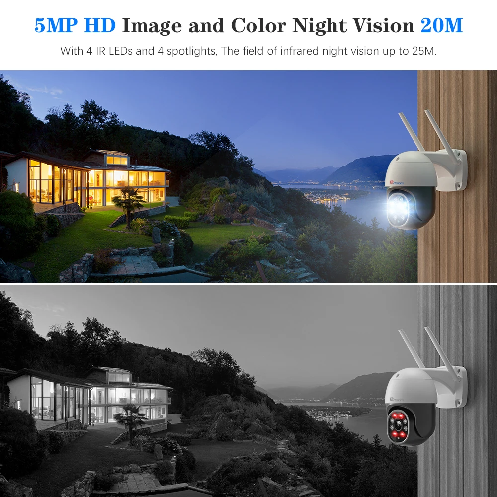 Ctronics 5MP WiFi 카메라 야외 PTZ 360 보안 IP 카메라 인간 감지 자동 추적 CCTV 4MP 1080P 컬러 나이트 비전 양방향 토크