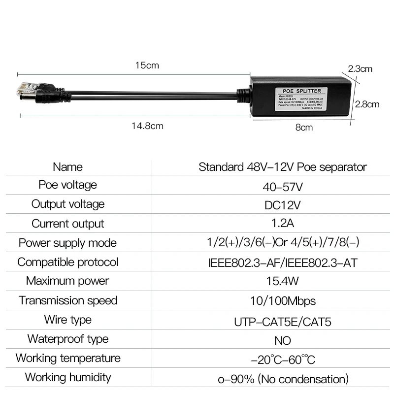 화웨이 하이크비전 마이크로 USB 주입 전원 공급 장치, 표준 48V, 12V, 1.2A, tye100 M, 1000M, 슬로프 전압 확장, POE 분리기