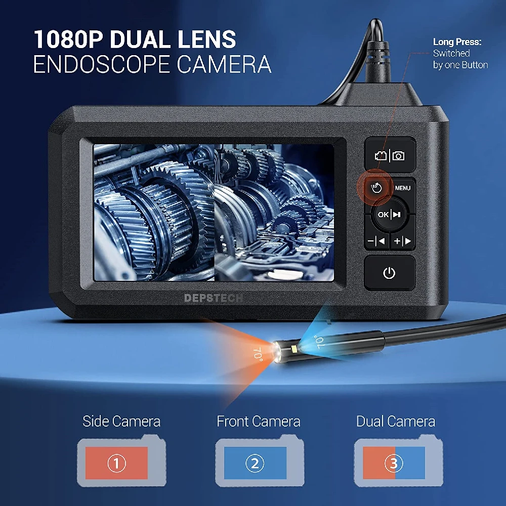 DEPSTECH 1080P 내시경 7.9mm 듀얼 렌즈, 5.5mm 싱글 렌즈, 4.3 인치 스크린 검사 카메라, 하드 케이블 IP67 차량용 내시경