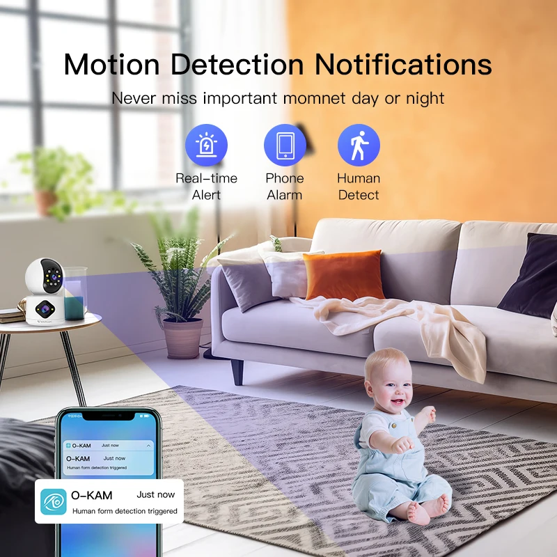Vstarcam 듀얼 렌즈 와이파이 카메라 베이비 모니터, 자동 추적 AI 인간 감지, 실내 가정 보안 CCTV 비디오 감시, 4MP
