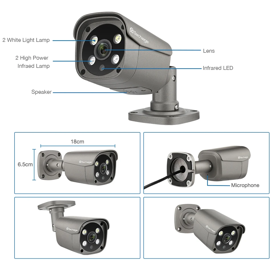 Techage-5mp 보안 POE 카메라 AI 인간 감지 양방향 오디오 IP 카메라, IP66 야외 CCTV 감시 풀 컬러 야간 P2P