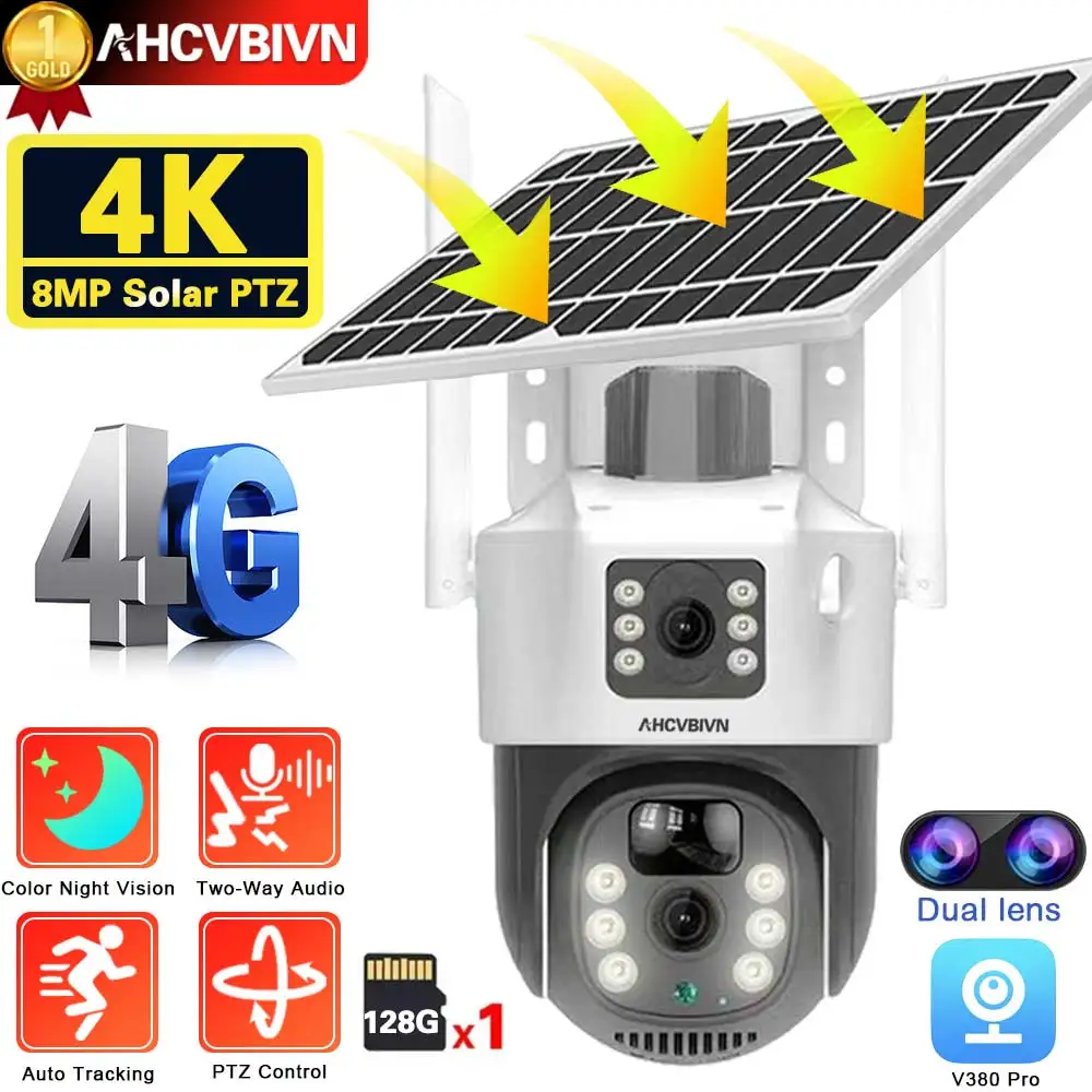 듀얼 렌즈 와이파이 태양광 카메라, 4G SIM 카드, 8MP 무선 감시 PTZ 배터리 카메라, 4K 컬러 나이트 비전, 양방향 오디오 V380 title=듀얼 렌즈 와이파이 태양광 카메라, 4G SIM 카드, 8MP 무선 감시 PTZ 배터리 카메라, 4K 컬러 나이트 비전, 양방향 오디오 V380 