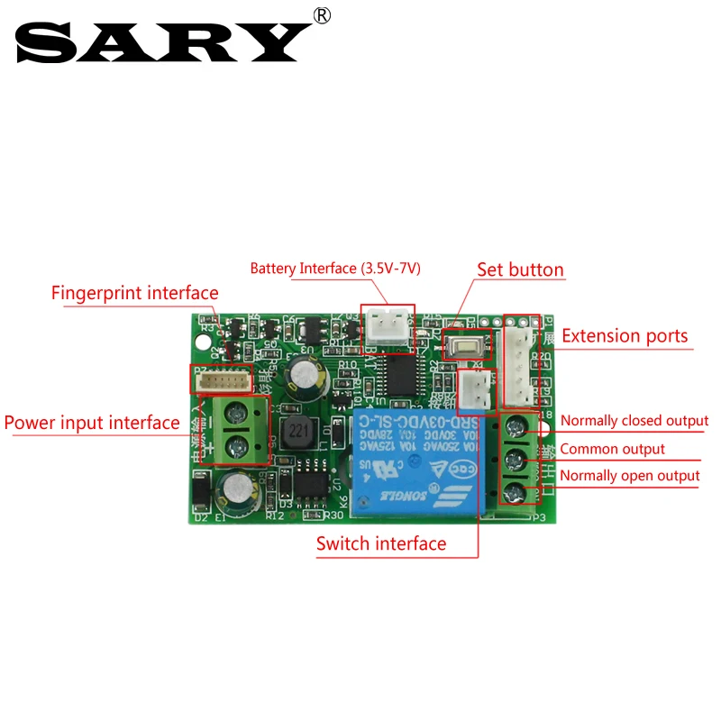 SARY 지문 인식 릴레이 모듈 DC7v-30v 지문 액세스 제어 보드, 저전력 전기 잠금 제어 보드, 12V