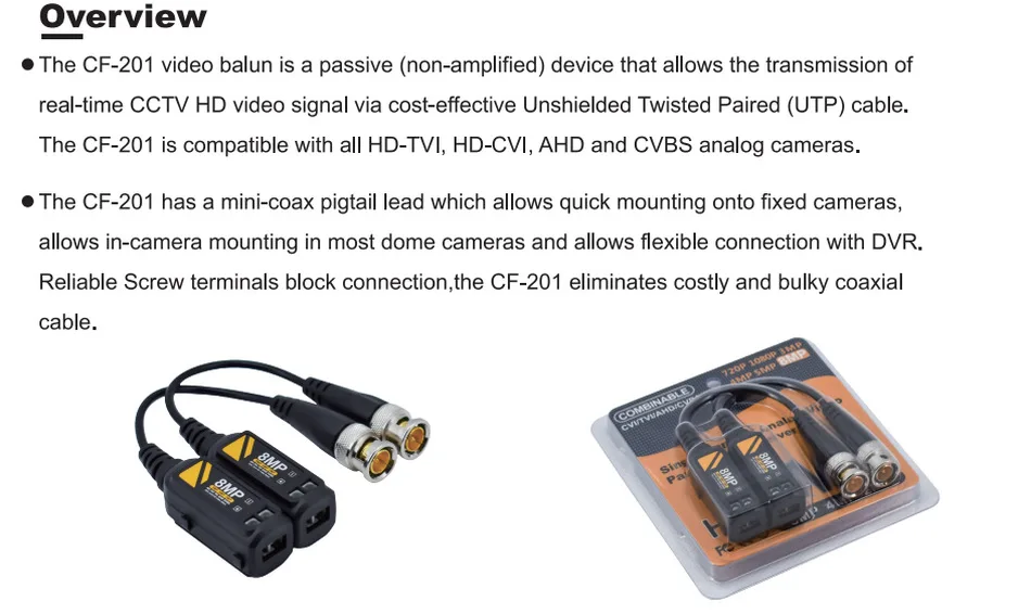 패시브 비디오 전원 및 오디오 발룬 트랜시버, CCTV 카메라용, 8MP CVBS AHD CVI TVI UTP 발룬, BNC-RJ45, 1 쌍