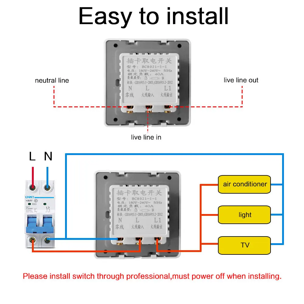 흰색 삽입 PVC 플라스틱 종이 RFID 카드, 40A 호텔 벽 스위치, 45 초 지연, 객실 스위치, 125KHz, 13.56MHz